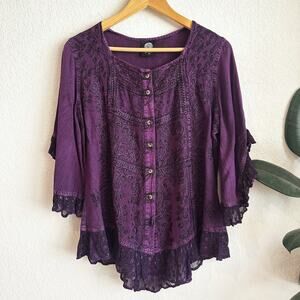Himalayan Arts By Yeshi Embroidered Top Medium Button Up Hippie Boho Goblincore